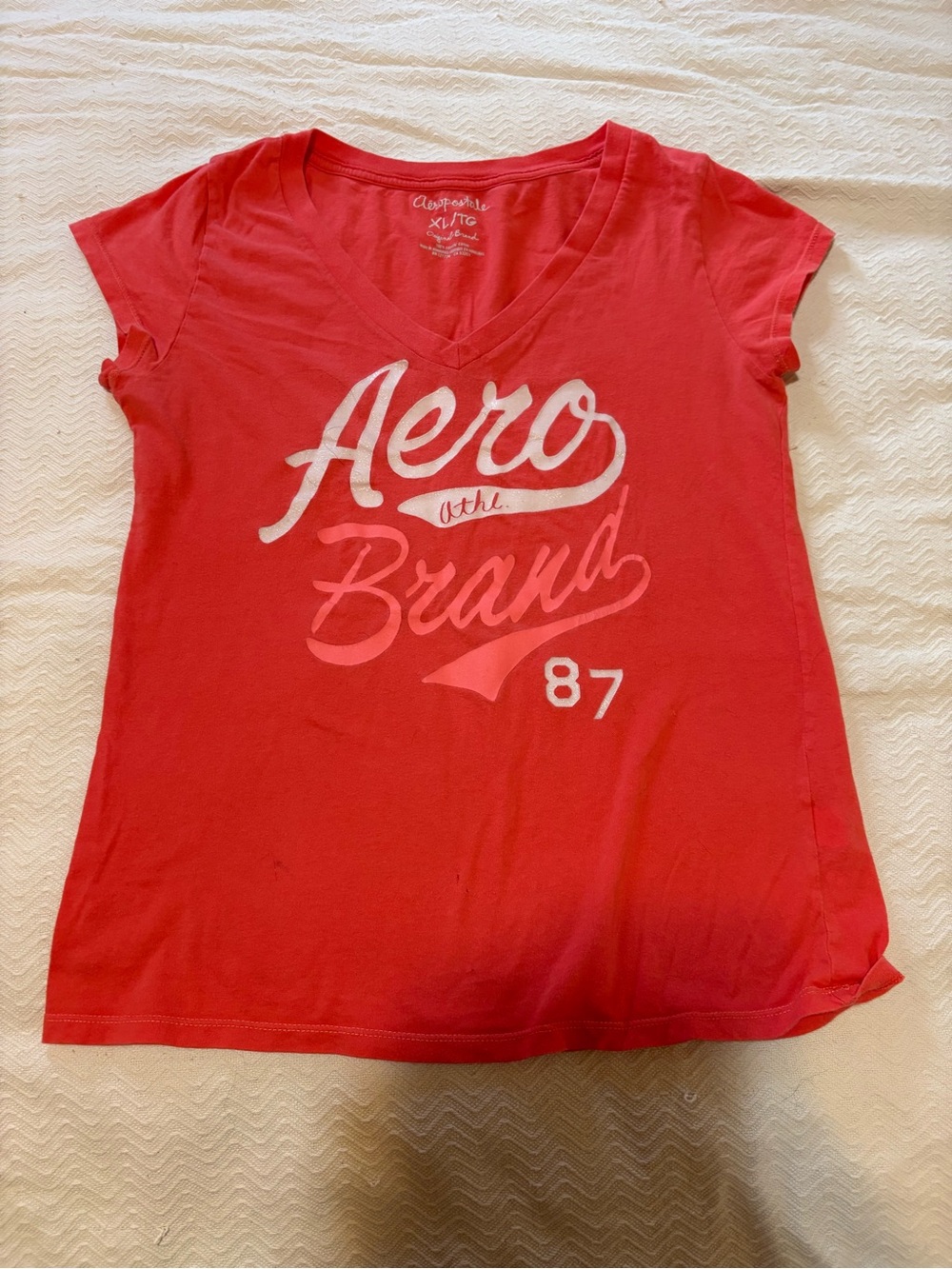 Aeropostale Red V-Neck Graphic Tee with white and coral writing